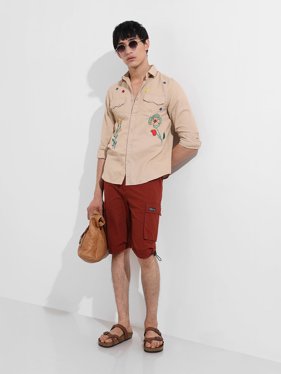 Men's Cream Regular Fit Floral Printed Resort Wear Shirt