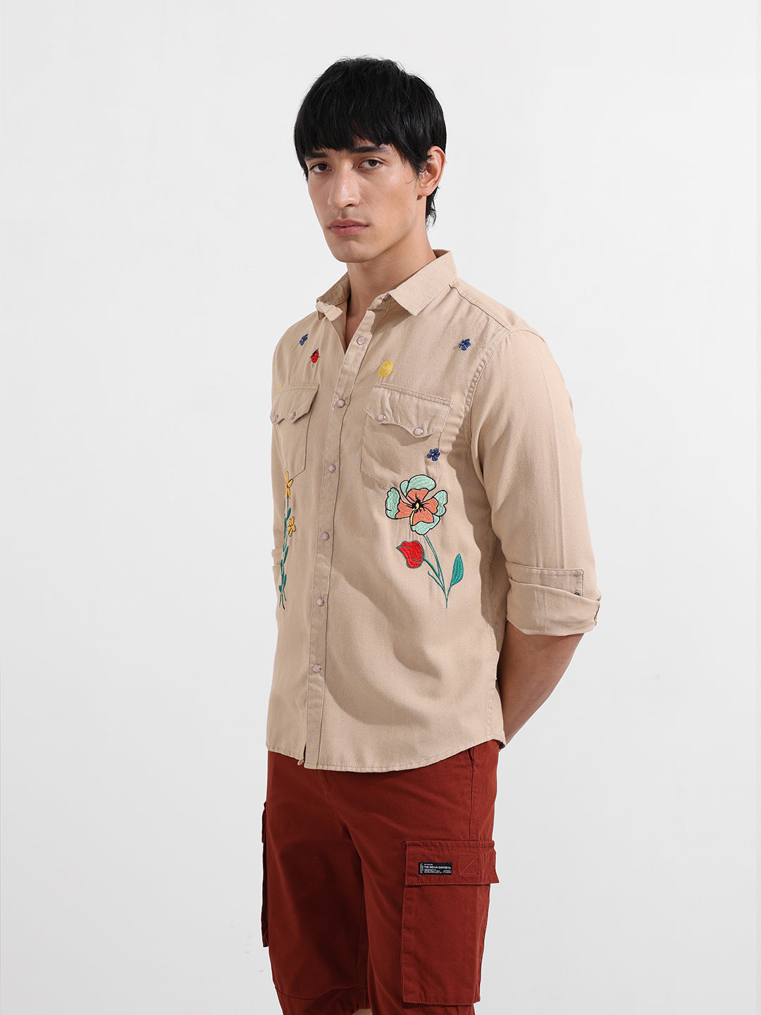 Men's Cream Regular Fit Floral Printed Resort Wear Shirt