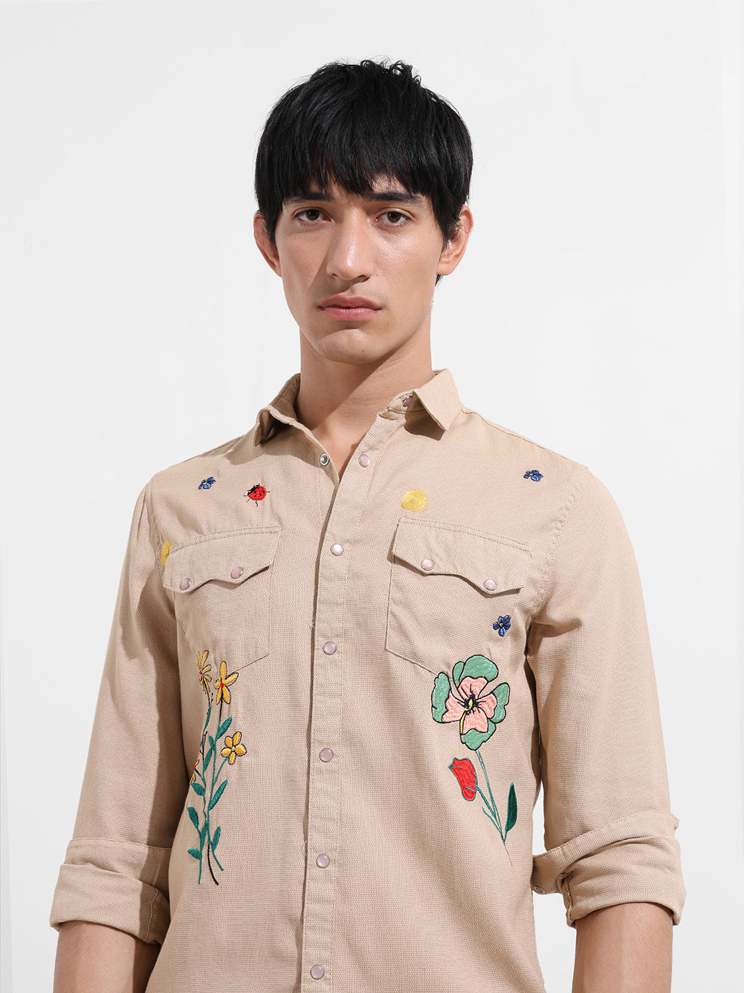 Men's Cream Regular Fit Floral Printed Resort Wear Shirt