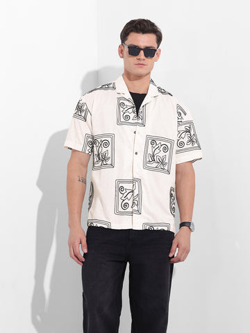 Men's Beige Relaxed Fit Embroided  Resort Wear Shirt