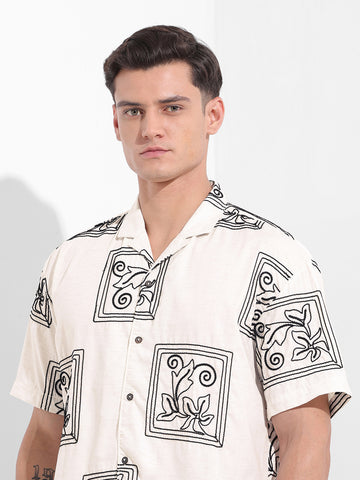 Men's Beige Relaxed Fit Embroided  Resort Wear Shirt