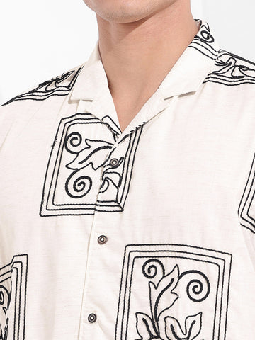 Men's Beige Relaxed Fit Embroided  Resort Wear Shirt