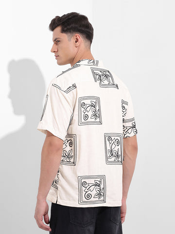 Men's Beige Relaxed Fit Embroided  Resort Wear Shirt