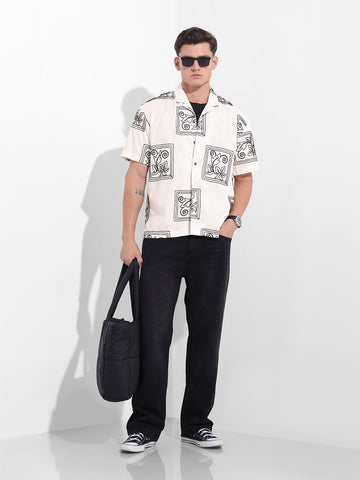 Men's Beige Relaxed Fit Embroided  Resort Wear Shirt