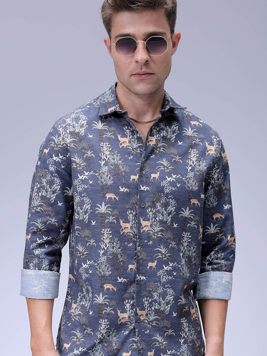 Men's Navy Blue Regular Fit Floral Printed Resort Wear Shirt