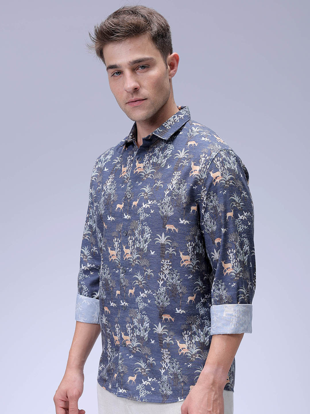 Men's Navy Blue Regular Fit Floral Printed Resort Wear Shirt