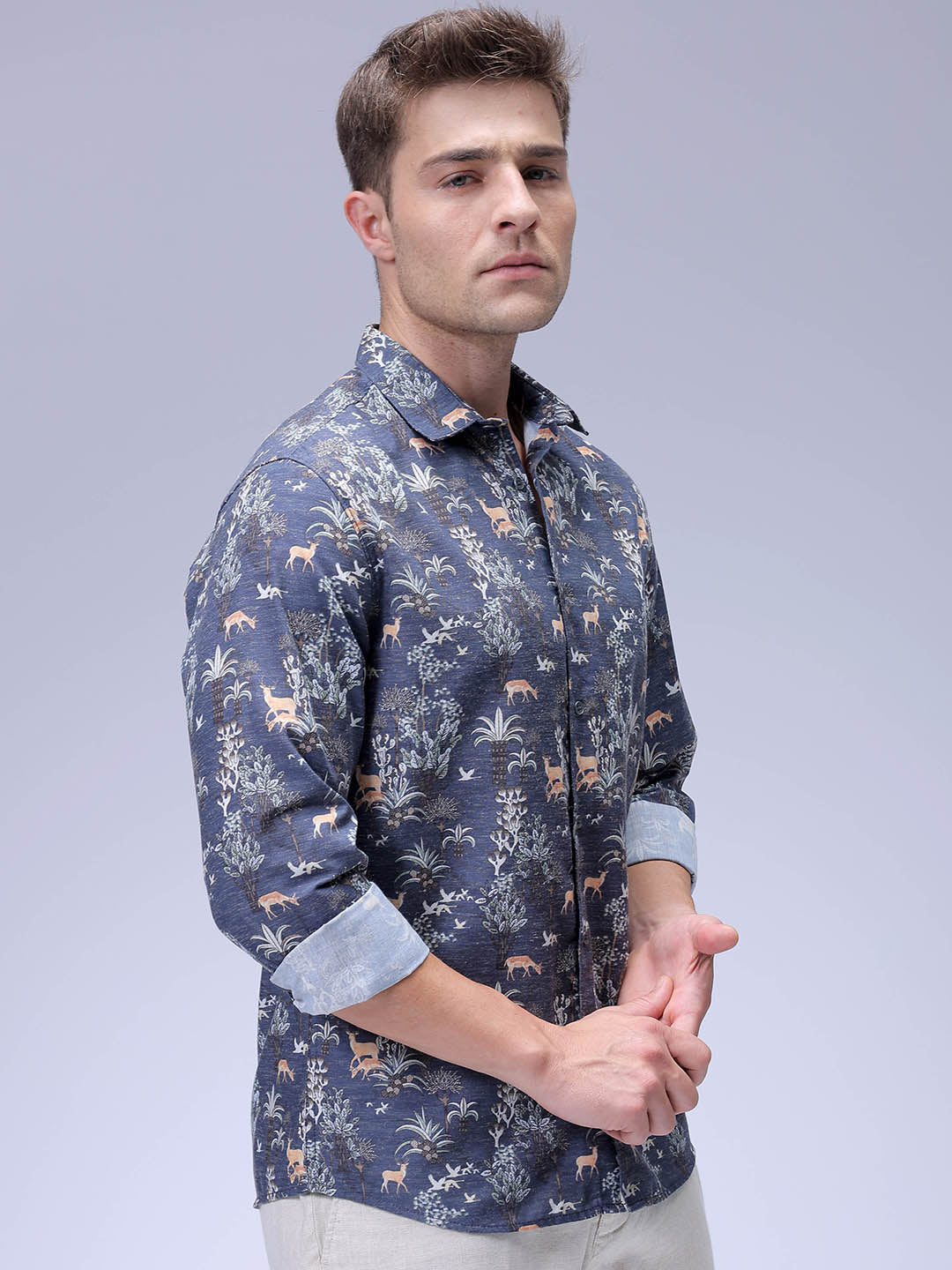 Men's Navy Blue Regular Fit Floral Printed Resort Wear Shirt