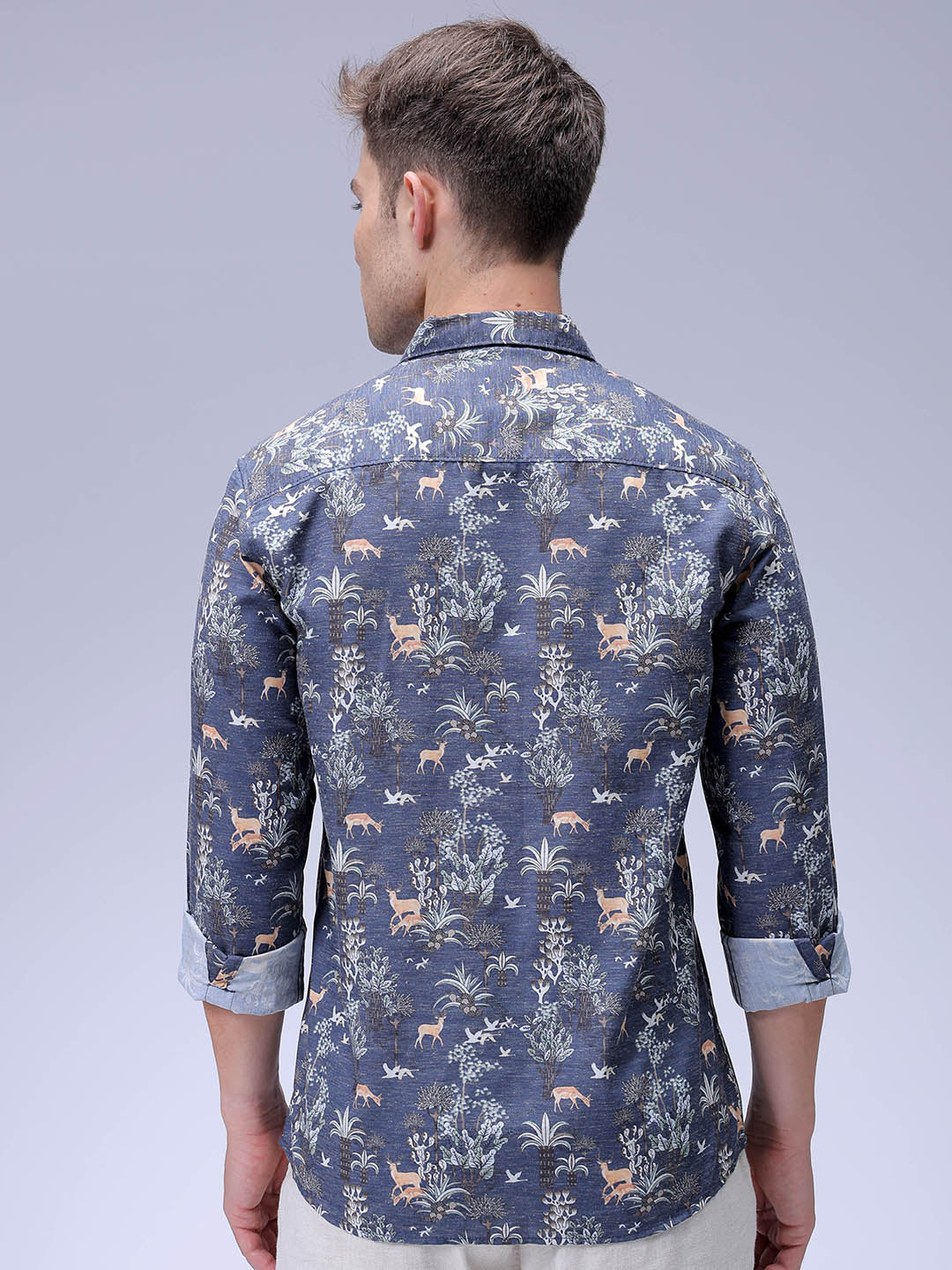 Men's Navy Blue Regular Fit Floral Printed Resort Wear Shirt
