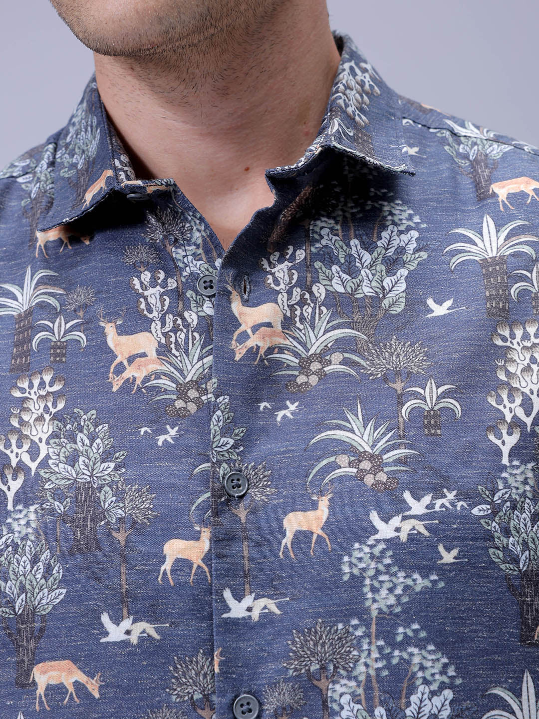 Men's Navy Blue Regular Fit Floral Printed Resort Wear Shirt