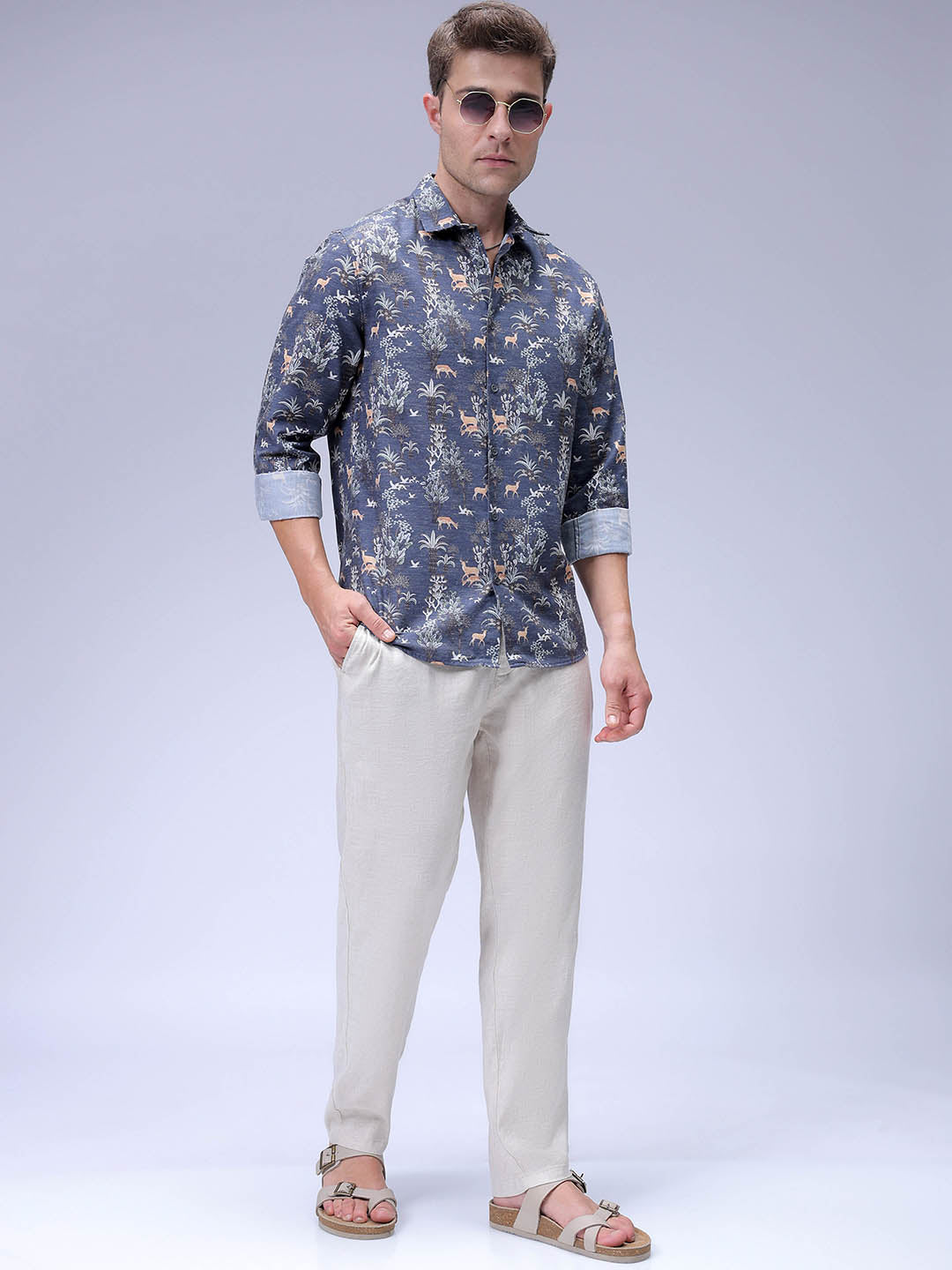 Men's Navy Blue Regular Fit Floral Printed Resort Wear Shirt