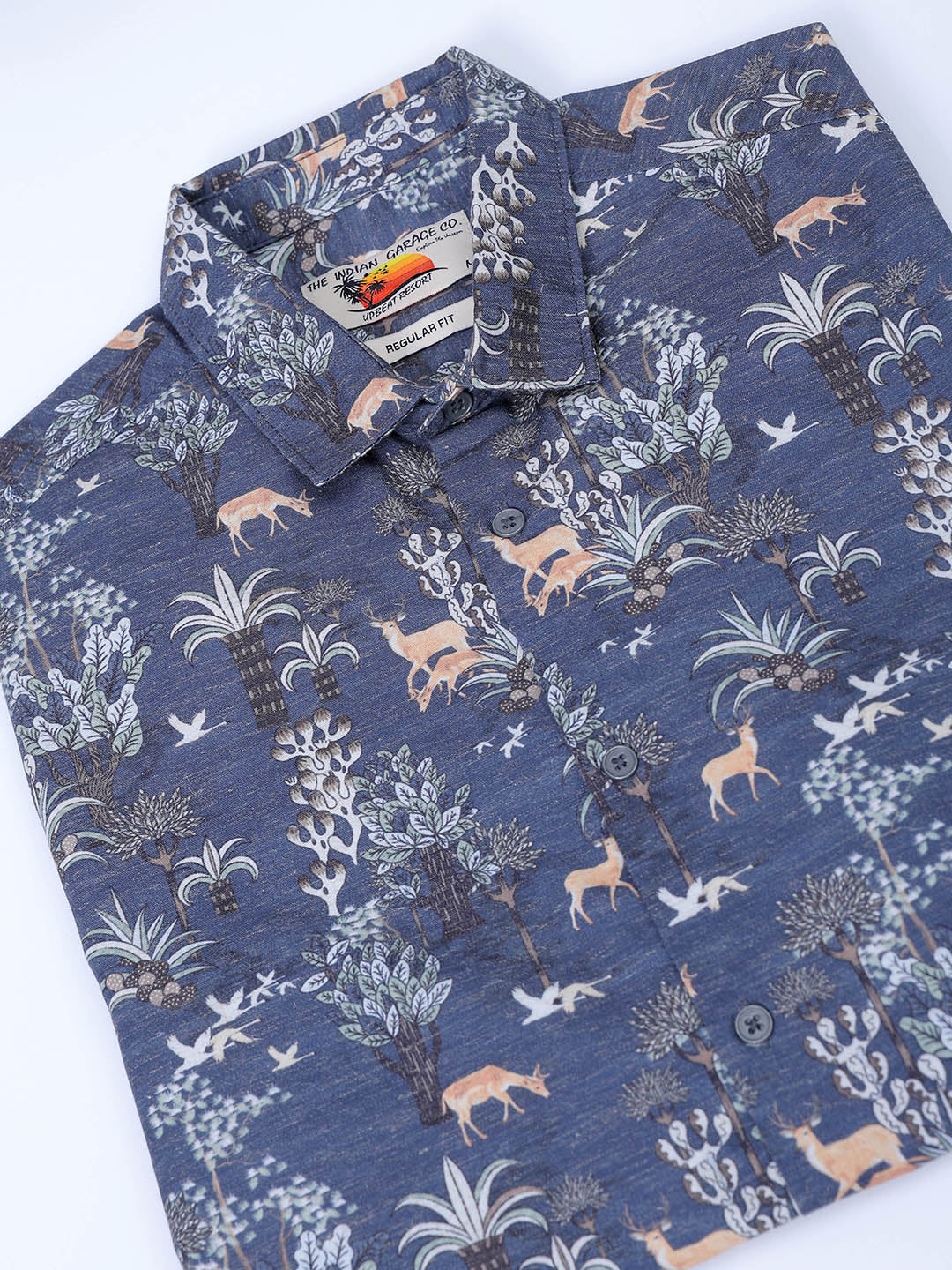 Men's Navy Blue Regular Fit Floral Printed Resort Wear Shirt