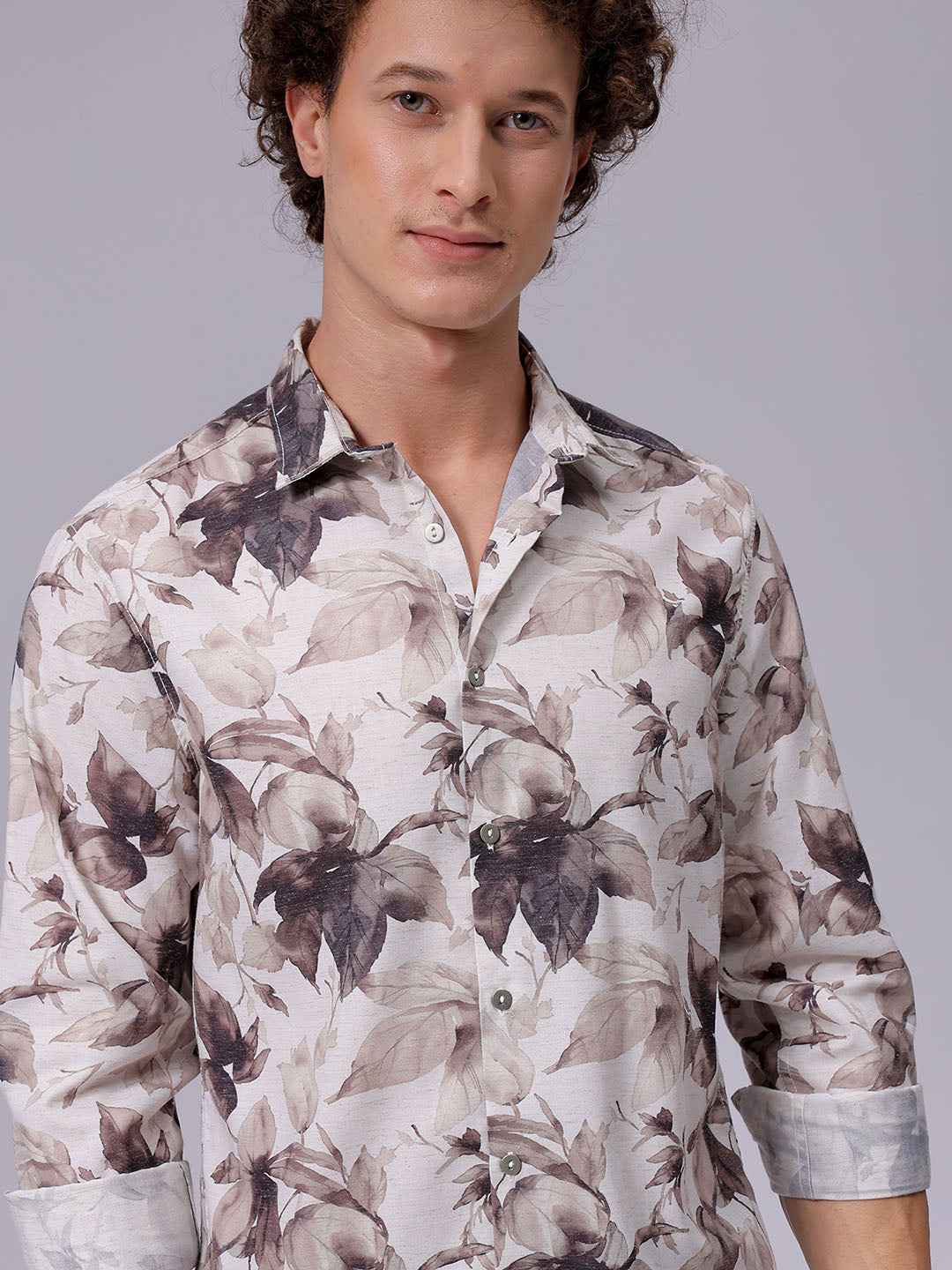 Men's Beige Regular Fit Floral Printed Resort Wear Shirt
