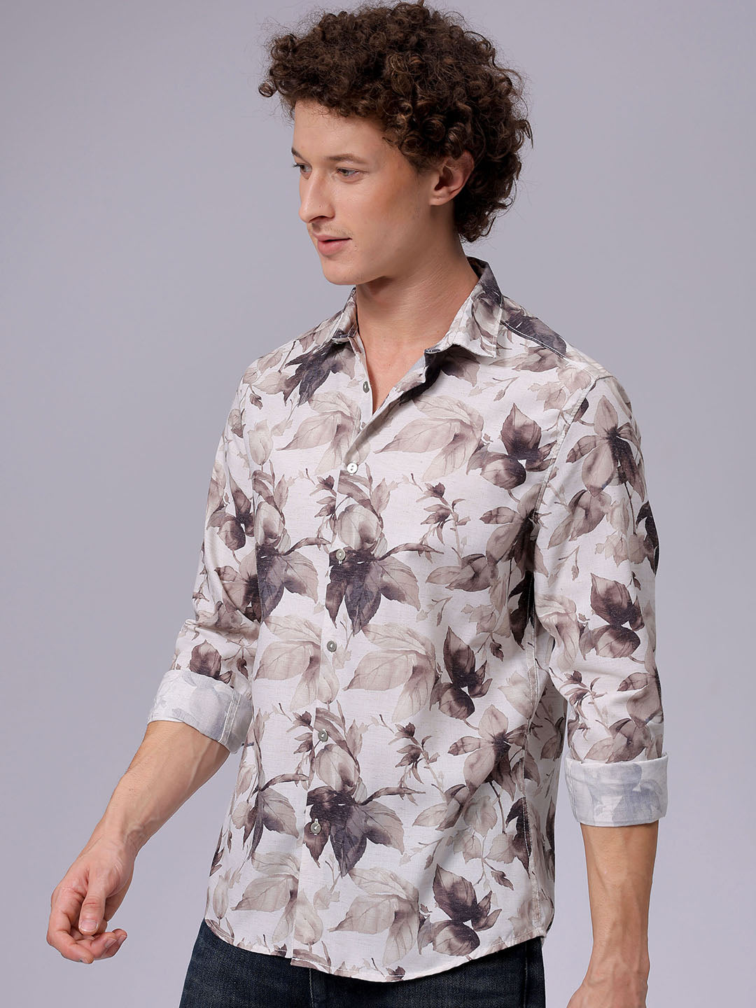Men's Beige Regular Fit Floral Printed Resort Wear Shirt