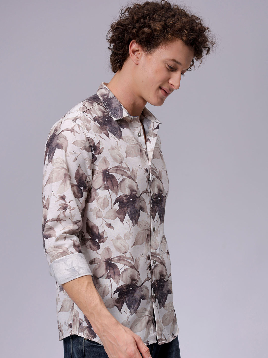 Men's Beige Regular Fit Floral Printed Resort Wear Shirt