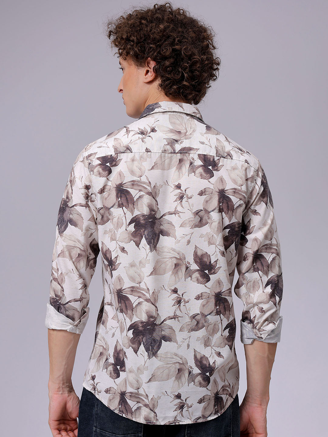 Men's Beige Regular Fit Floral Printed Resort Wear Shirt