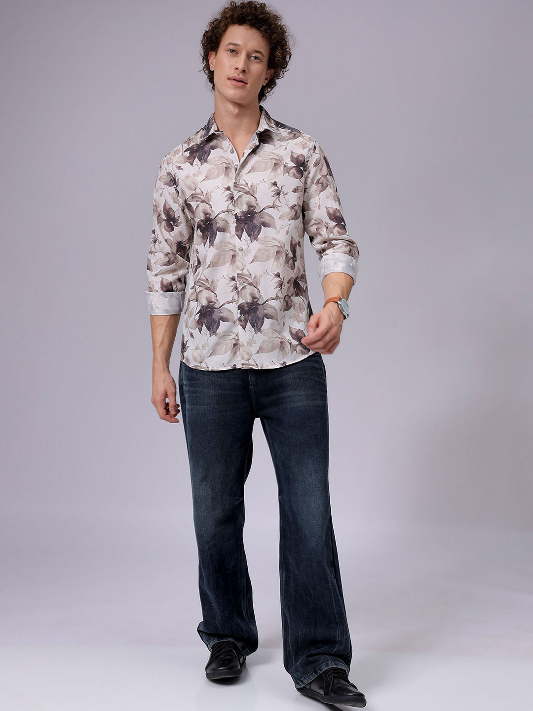 Men's Beige Regular Fit Floral Printed Resort Wear Shirt