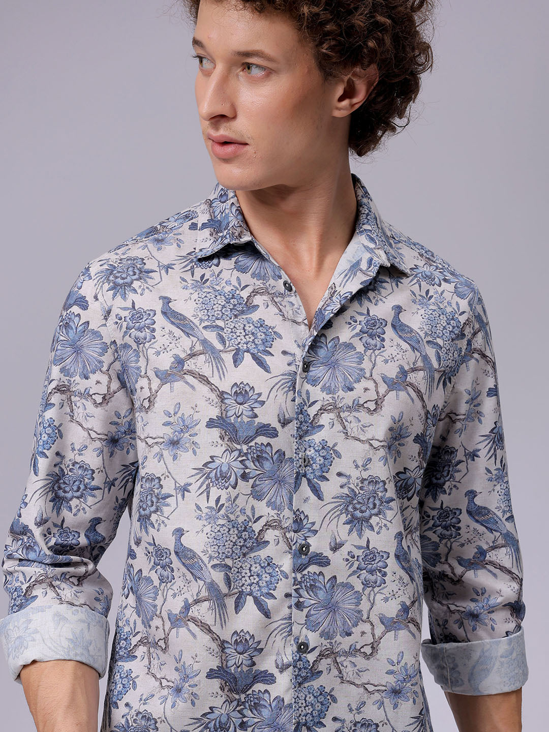 Men's Grey Regular Fit Floral Printed Resort Wear Shirt