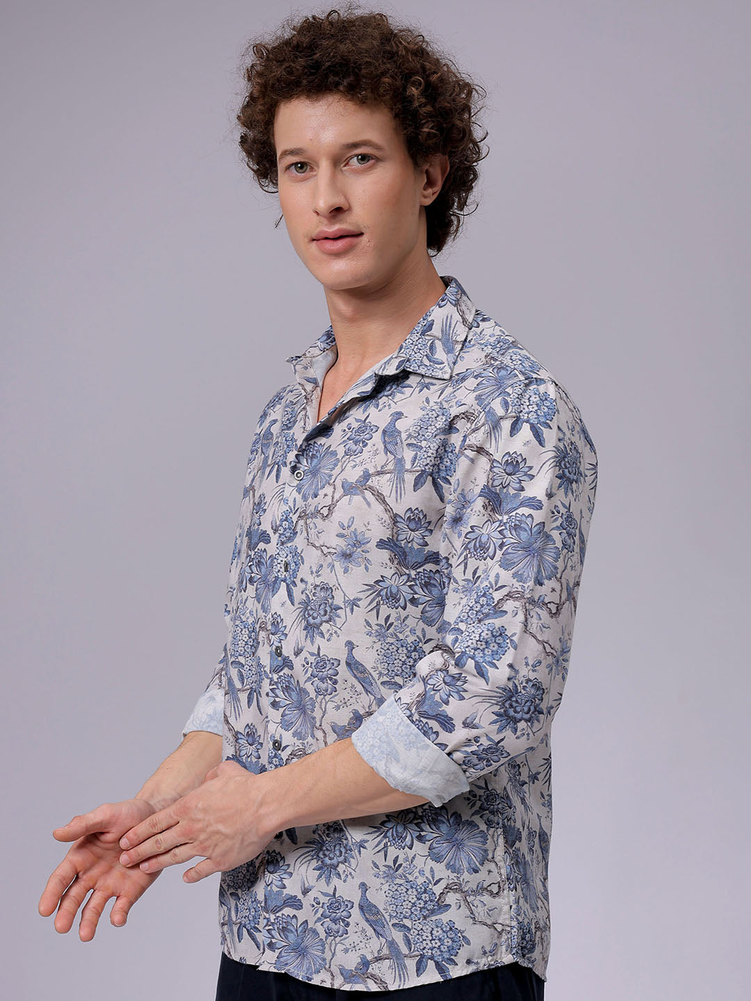 Men's Grey Regular Fit Floral Printed Resort Wear Shirt