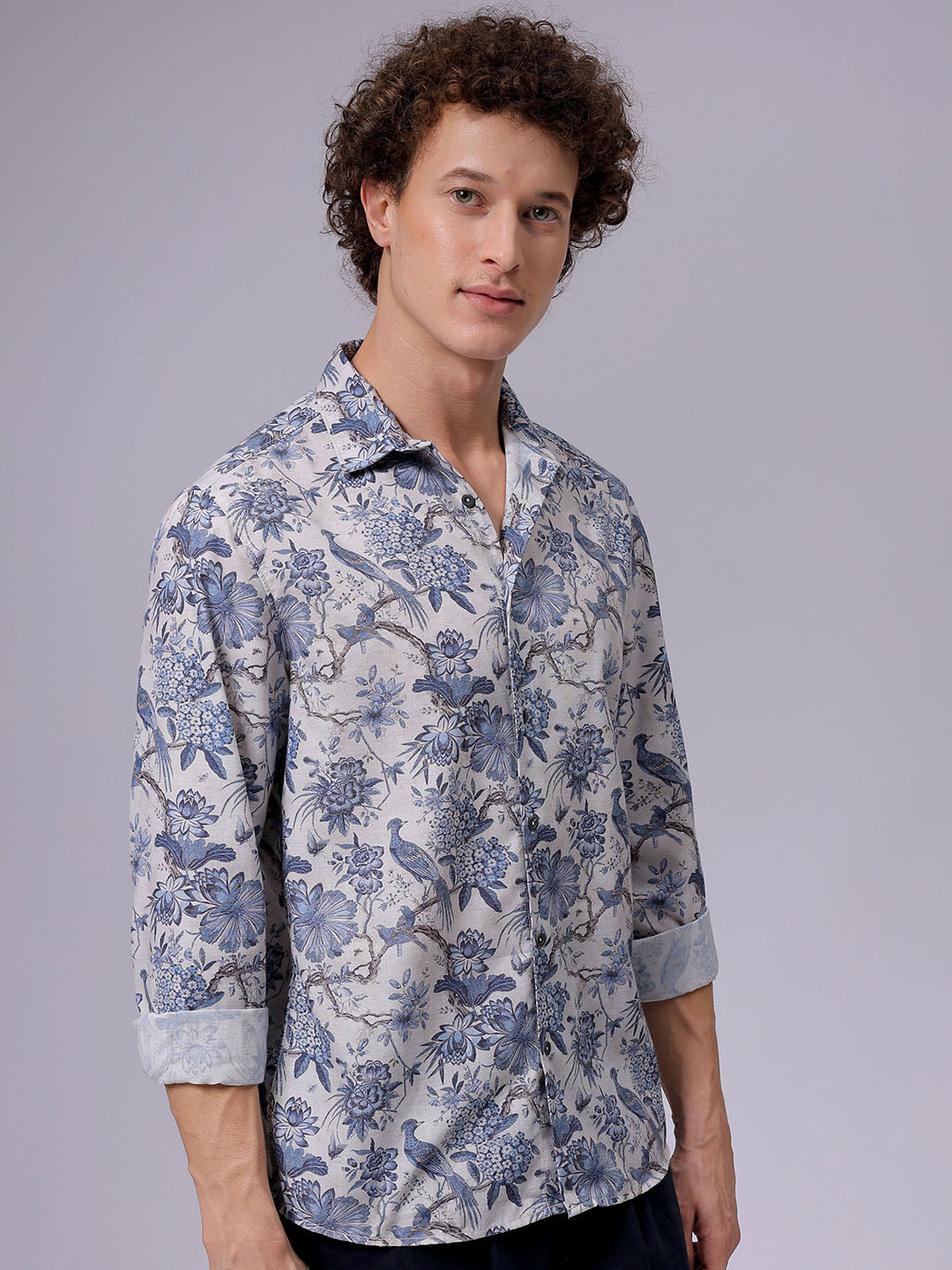 Men's Grey Regular Fit Floral Printed Resort Wear Shirt