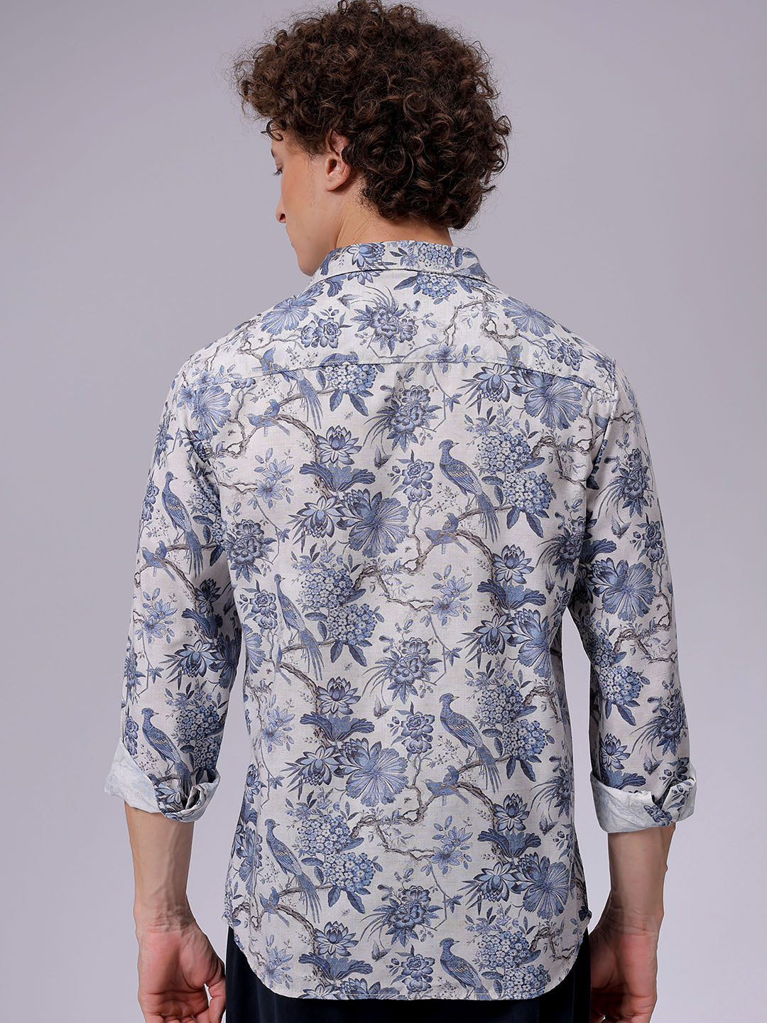 Men's Grey Regular Fit Floral Printed Resort Wear Shirt