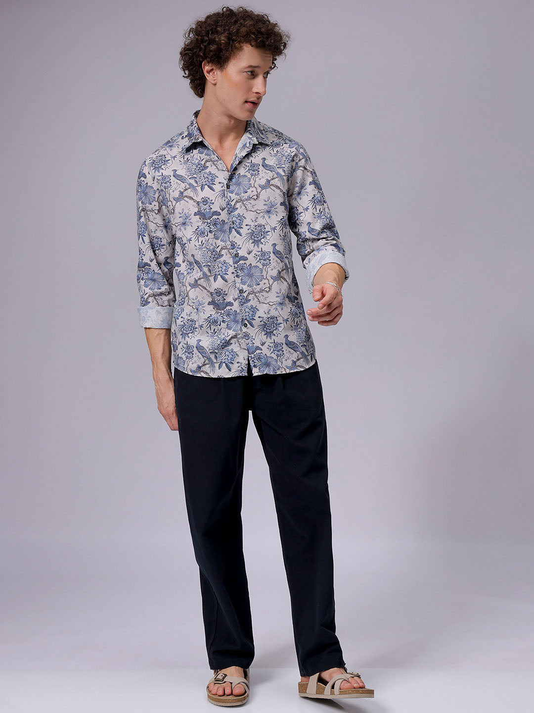 Men's Grey Regular Fit Floral Printed Resort Wear Shirt
