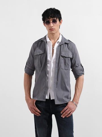 Men's Grey Regular Fit Solid Street Shirt
