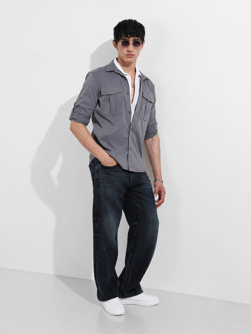 Men's Grey Regular Fit Solid Street Shirt