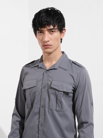 Men's Grey Regular Fit Solid Street Shirt