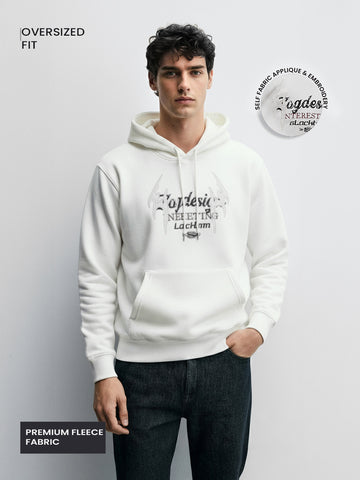 Men's Cream Oversized Fit Embrodered Casual Sweatshirt