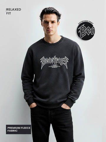 Men's Black Relaxed Fit Graphic Printed Casual Sweatshirt