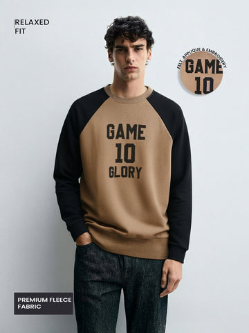 Men's Beige Relaxed Fit Embroided Casual Sweatshirt