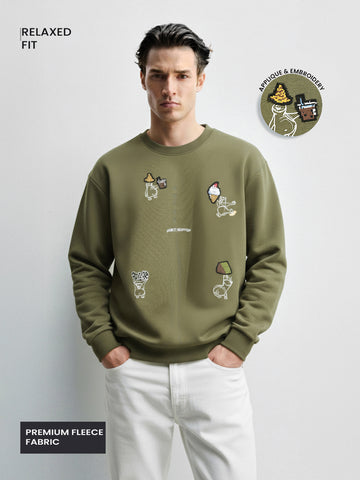 Men's Olive Relaxed Fit Embroided Casual Sweatshirt