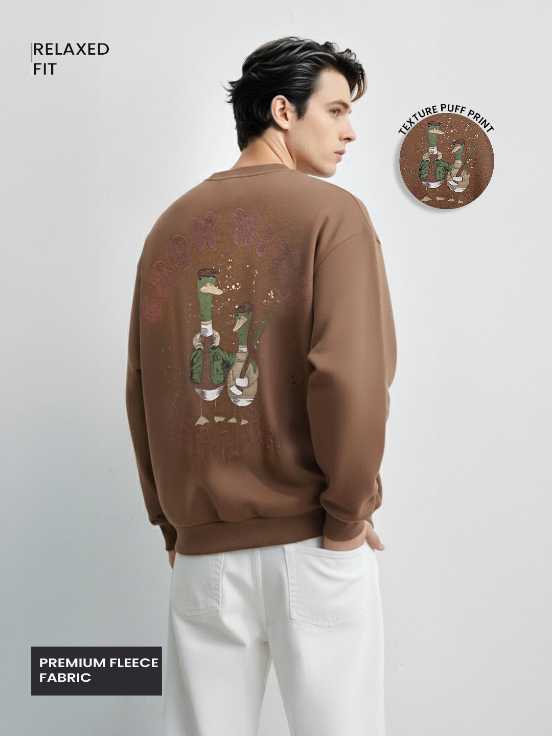 Men's Brown Relaxed Fit Graphic Printed Casual Sweatshirt