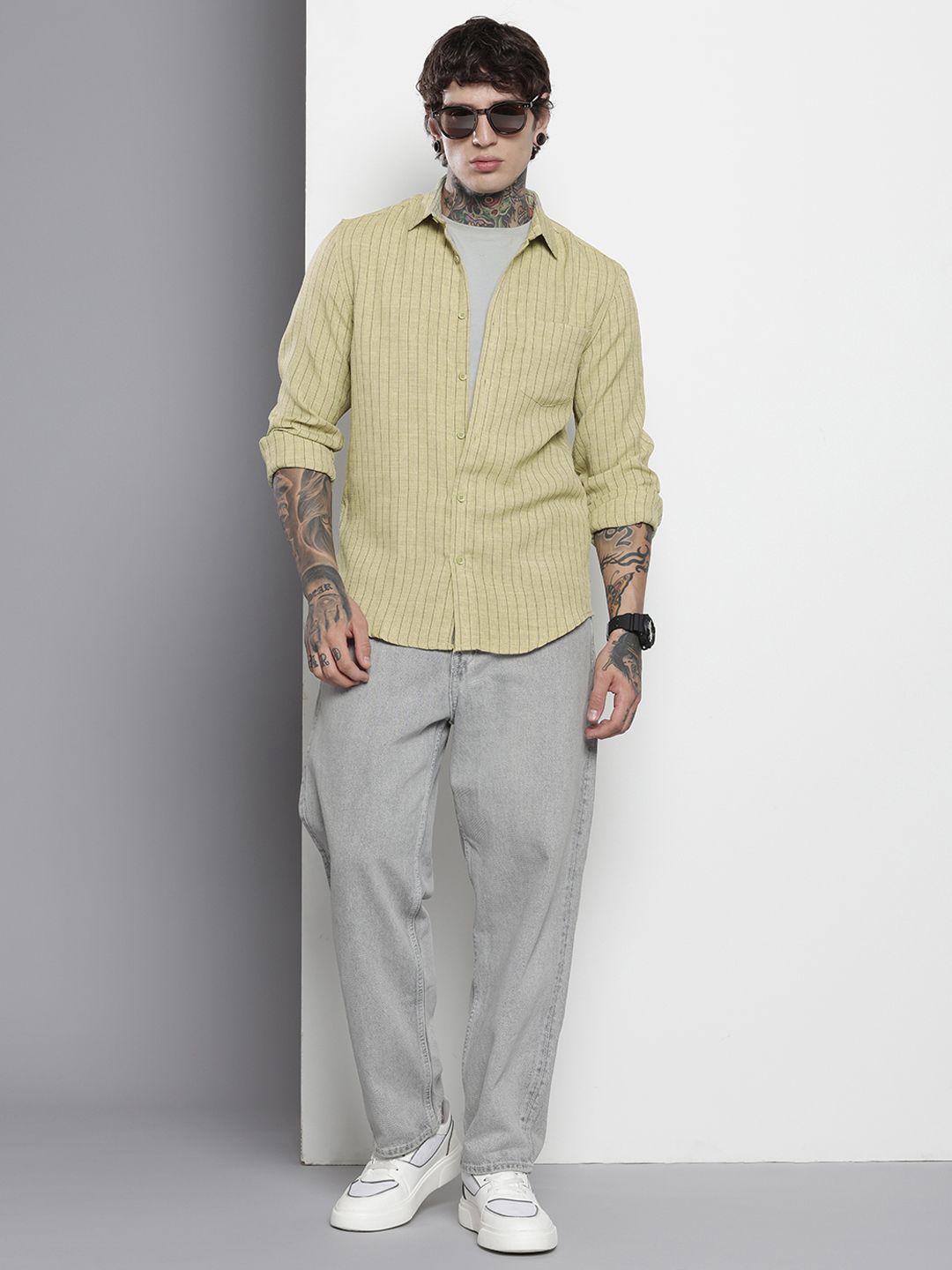Men's Yellow Slim Fit Striped Casual Shirt