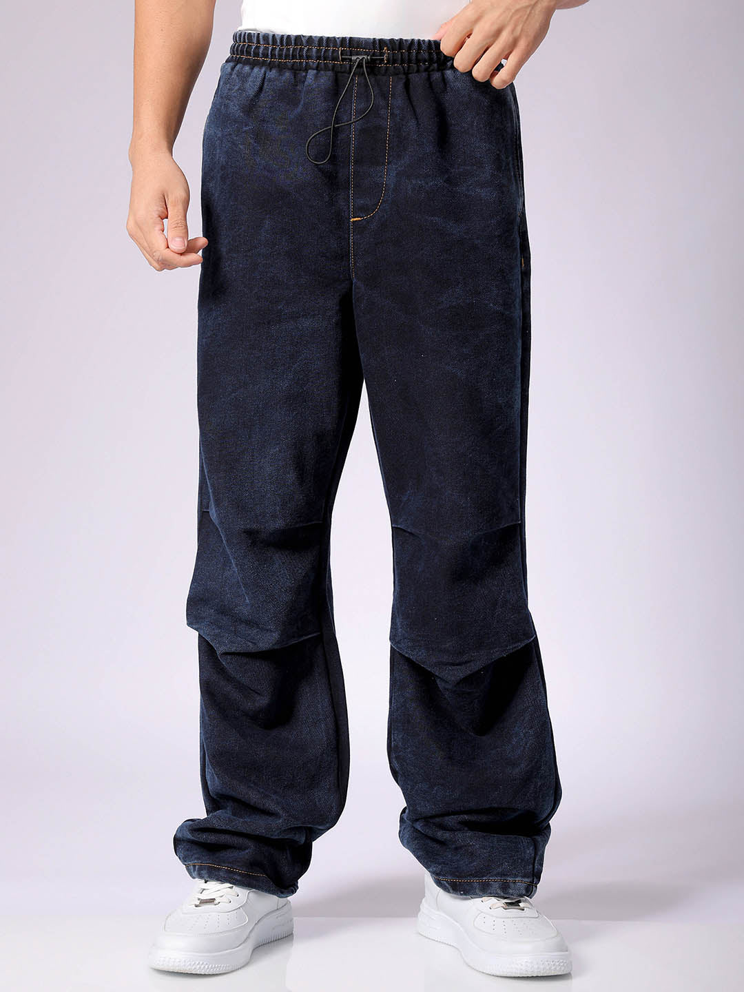 Men's Blue Baggy Solid Mid-Rise Denim Joggers