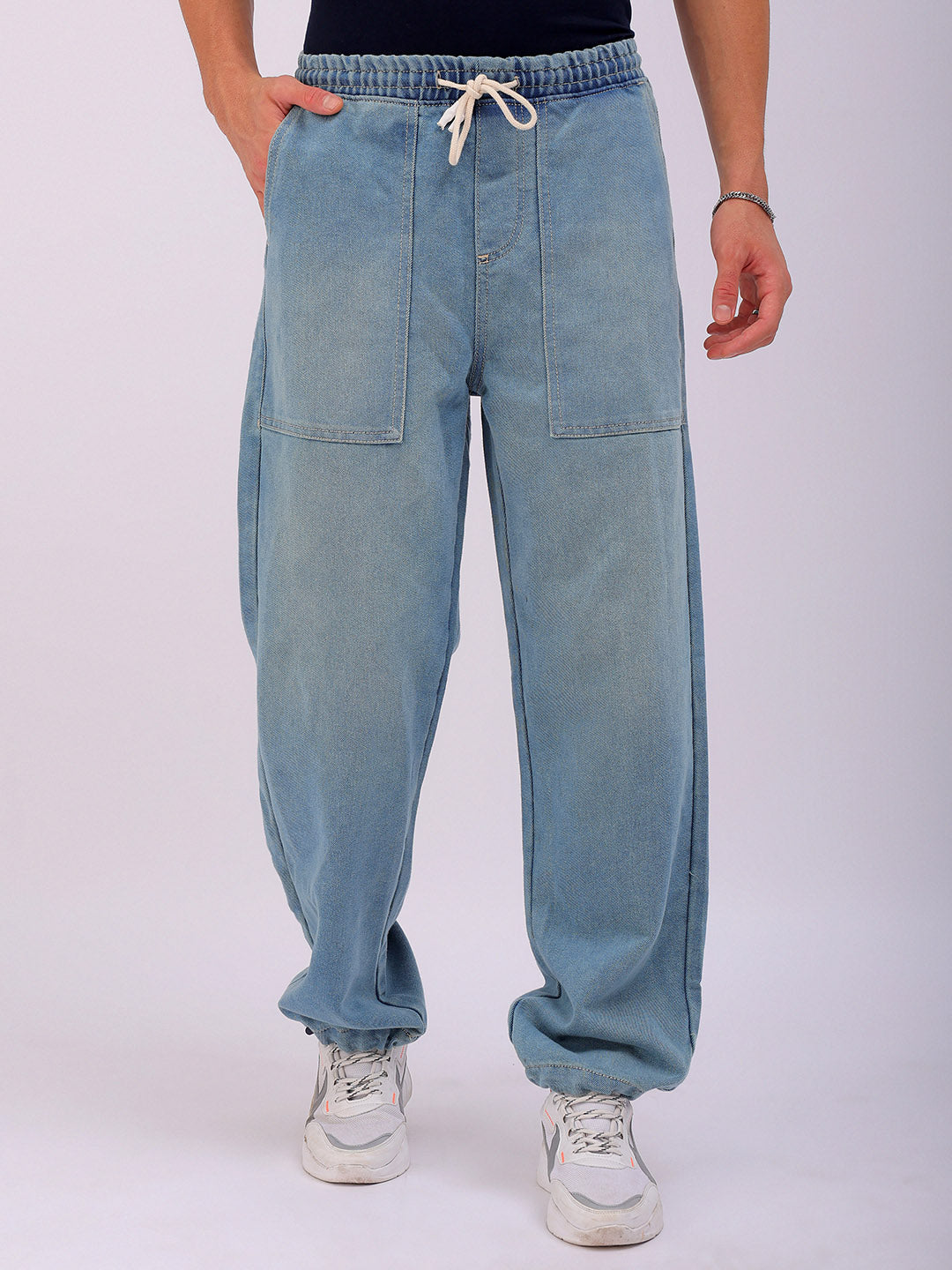 Men's Blue Relaxed Fit Solid Mid-Rise Denim Joggers