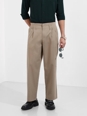Men's Khaki Relaxed Fit Casual Solid Trousers