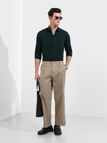 Men's Khaki Relaxed Fit Casual Solid Trousers