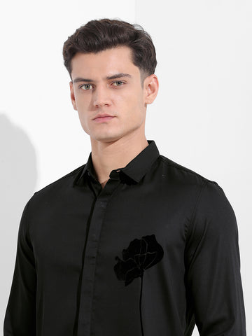 Men's Black Slim Fit Embraided Party Wear Shirt
