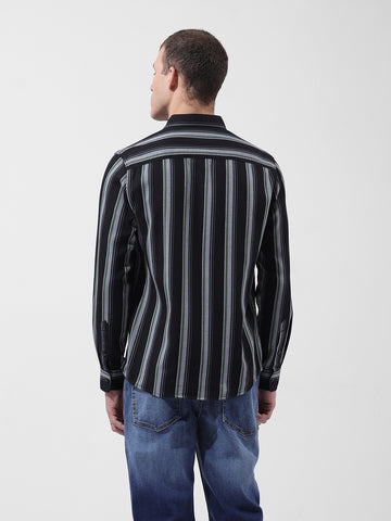 Men's Black Slim Fit Striped Casual Shirt