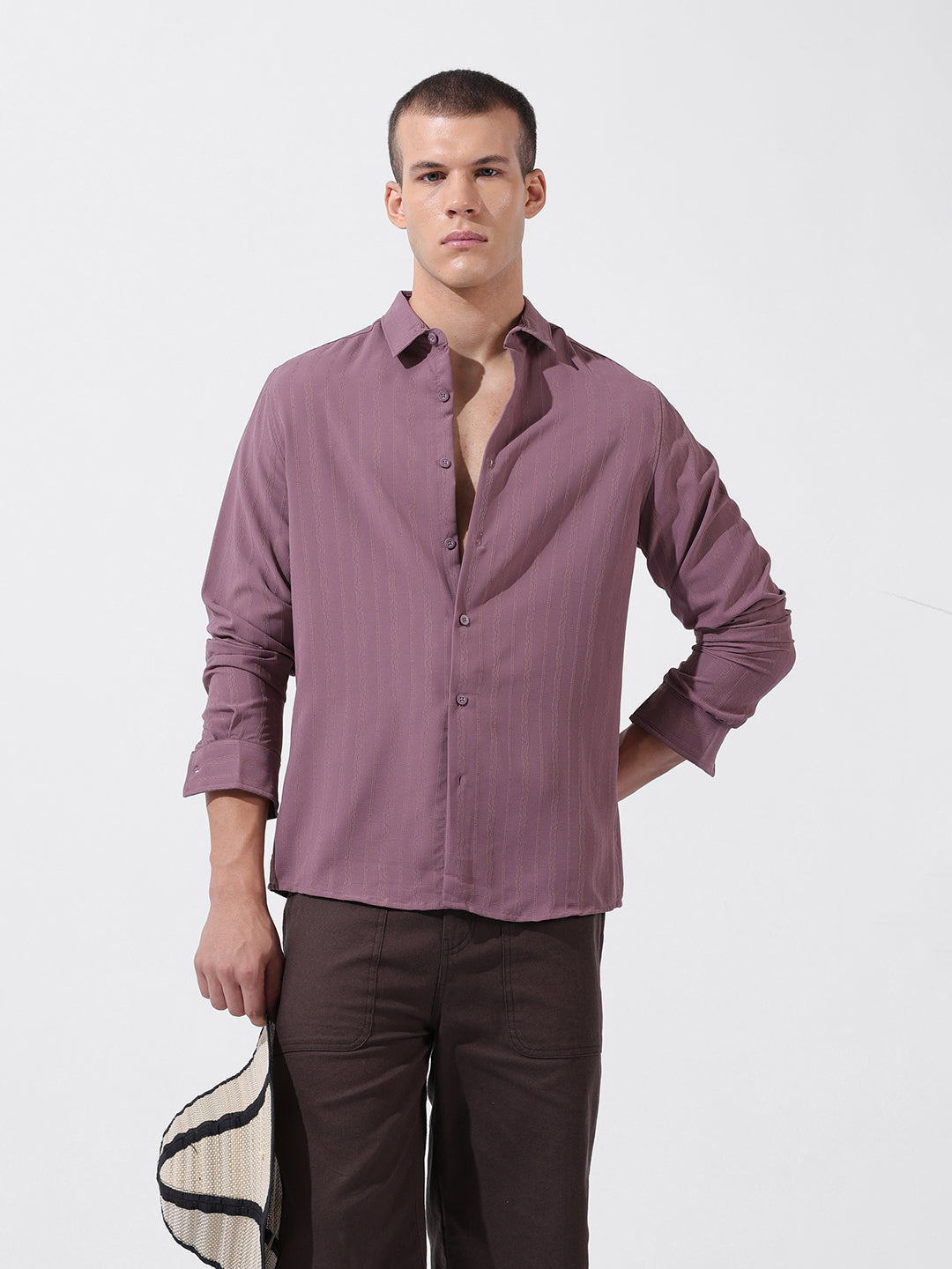 Men's Purple Regular Fit Textured Resort Wear Shirt