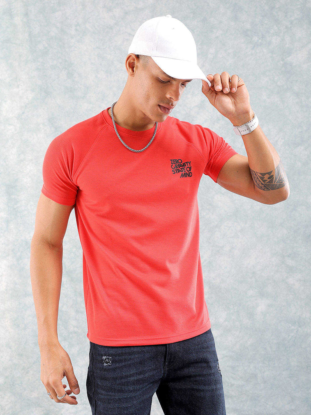 Men's Red Slim Fit Ottoman Print Round Neck T-shirt