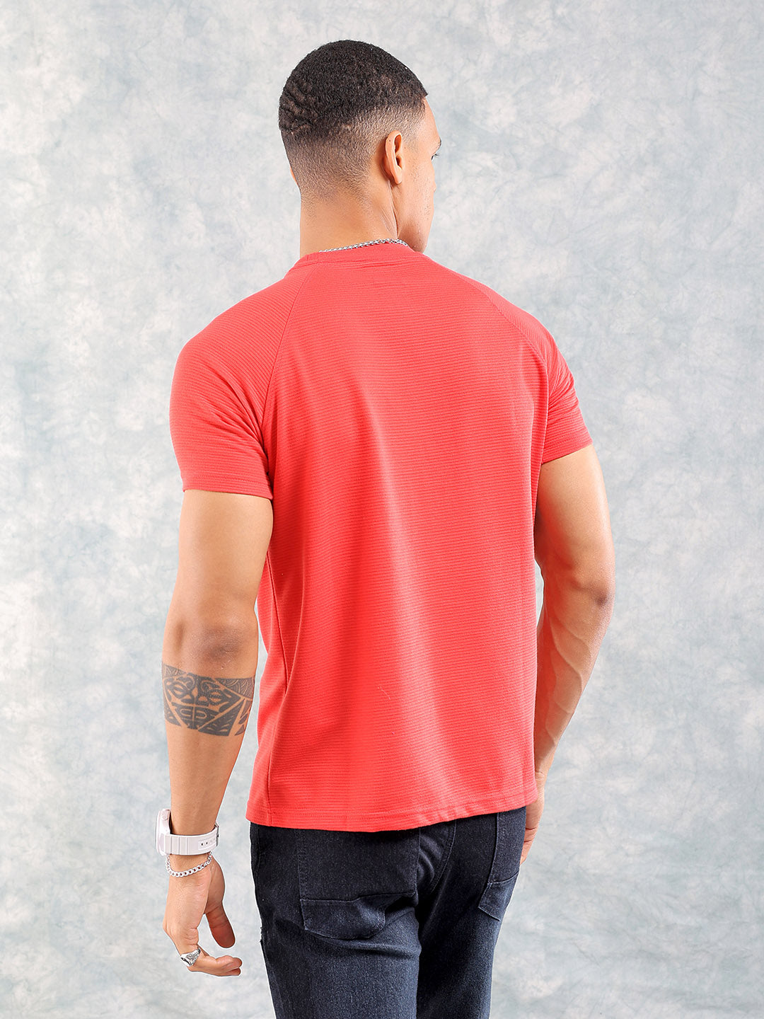 Men's Red Slim Fit Ottoman Print Round Neck T-shirt