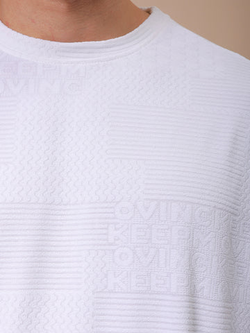 Men's White Oversized Self Design Round Neck T-shirt