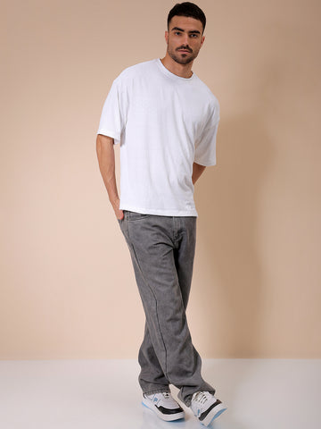 Men's White Oversized Self Design Round Neck T-shirt