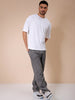 Men's White Oversized Self Design Round Neck T-shirt