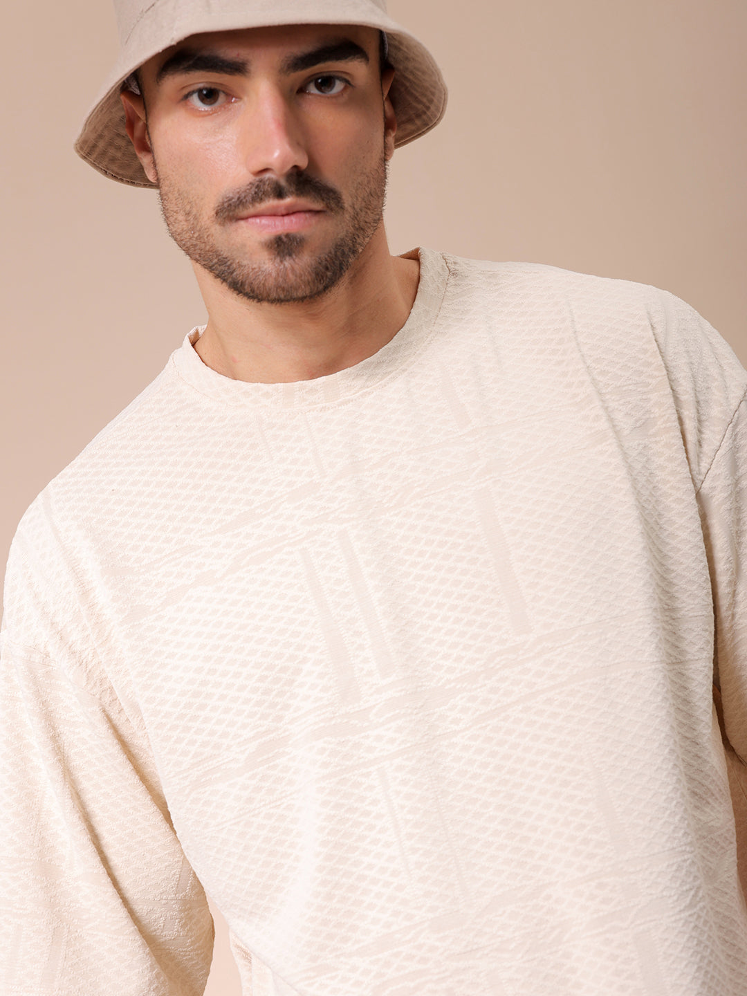 Men's Cream Oversized Self Design Round Neck T-shirt