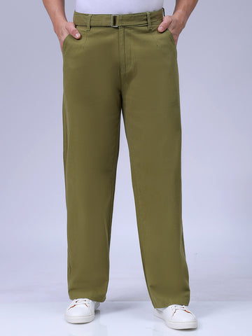 Men's Olive Baggy Fit Solid Chinos