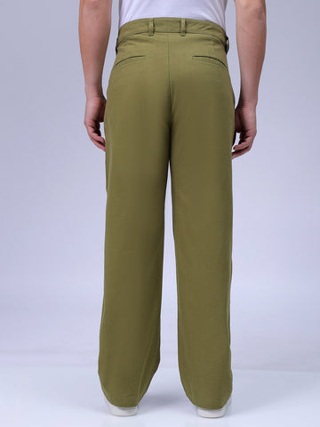 Men's Olive Baggy Fit Solid Chinos