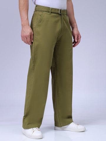 Men's Olive Baggy Fit Solid Chinos